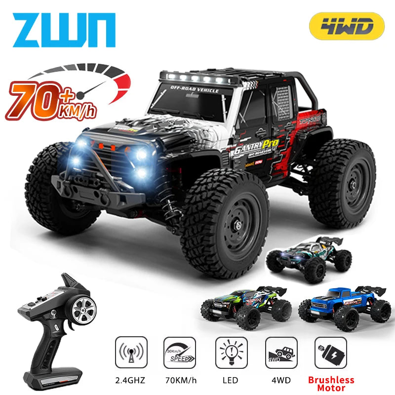 A black and red off-road RC monster truck with LED lights and a remote control transmitter.