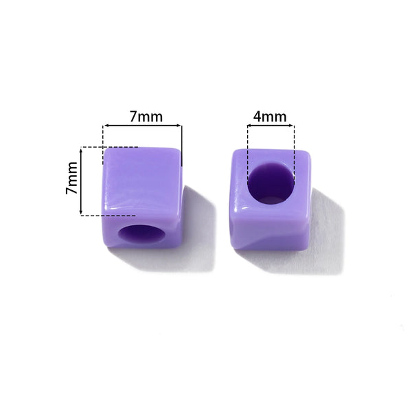 Two square purple acrylic spacer beads, one 7mm and one 4mm, used for DIY jewelry making.