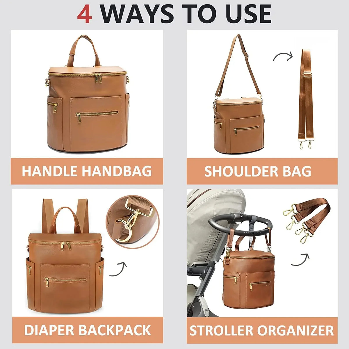 PU Leather Diaper Backpack with Changing Pad and Stroller Straps