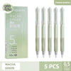 A set of five light green quick-drying gel pens with 0.5mm tips packaged in a box.