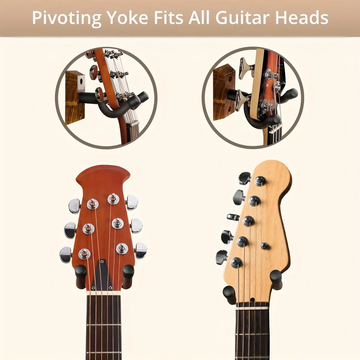 A walnut wood guitar wall mount with a rotating U-shaped hanger shown in detail.