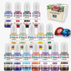 A collection of various colored resin pigment bottles and a box labeled Resin Pigment for crafts.