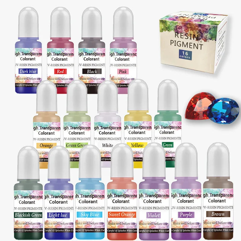 A collection of various colored resin pigment bottles and a box labeled Resin Pigment for crafts.