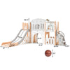 A wooden toddler slide and playground playset featuring a house structure and stairs for indoor and outdoor fun.