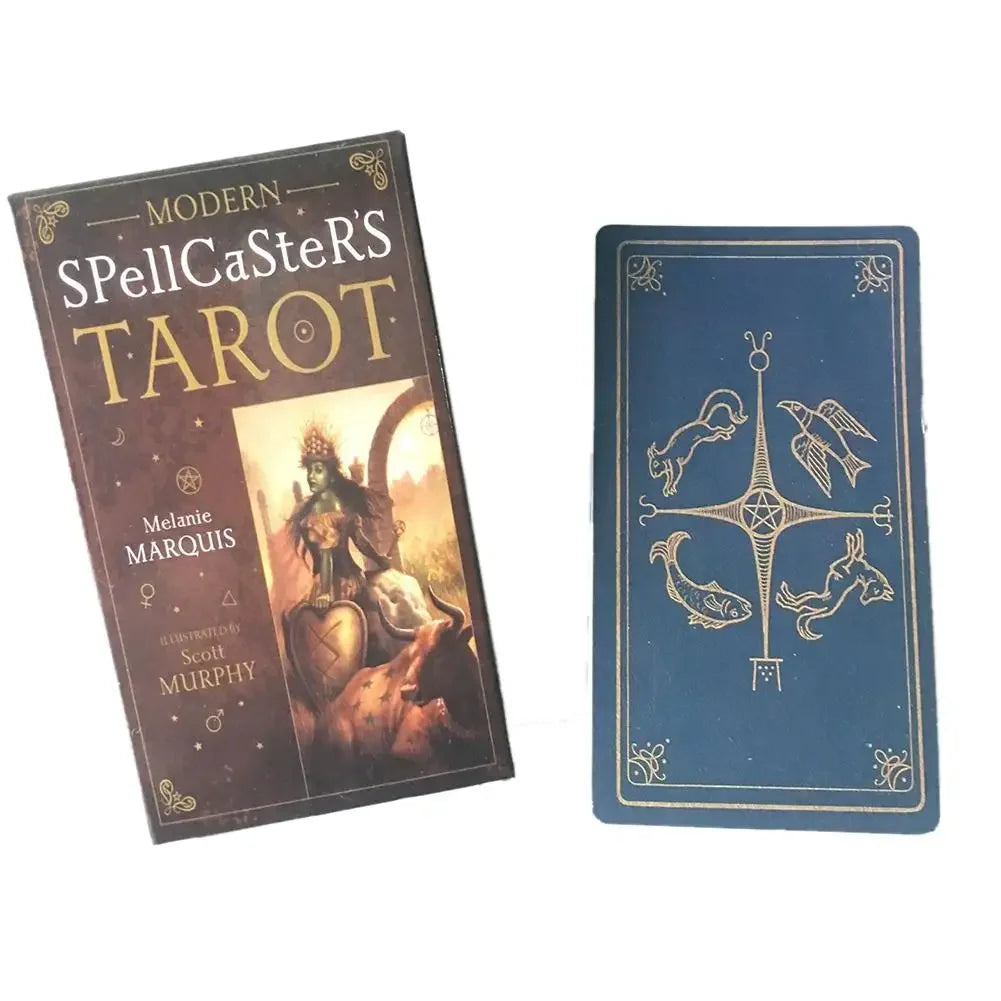 A rectangular deck of the Modern Spellcaster's Tarot featuring a dark brown and blue design.