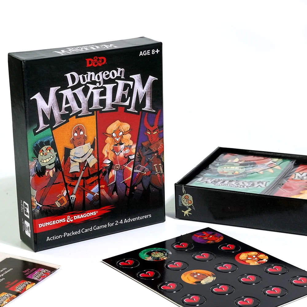 Box and components of the Dungeons & Dragons Mayhem card game featuring monster adventures