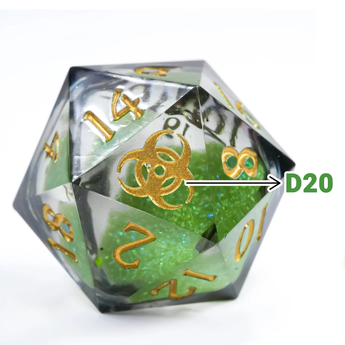 A green liquid core resin D20 die with gold numbering and a symbol, shown at an angle.