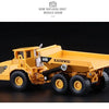 A yellow 1:87 scale diecast model of an articulated dumper truck.