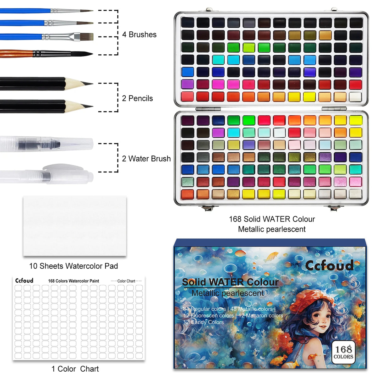 A complete watercolor paint set featuring 168 solid colors, brushes, pencils, and a watercolor pad.