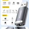 A black ESSAGER USB audio adapter featuring a full aluminum alloy shell and metal connector for plug and play functionality.
