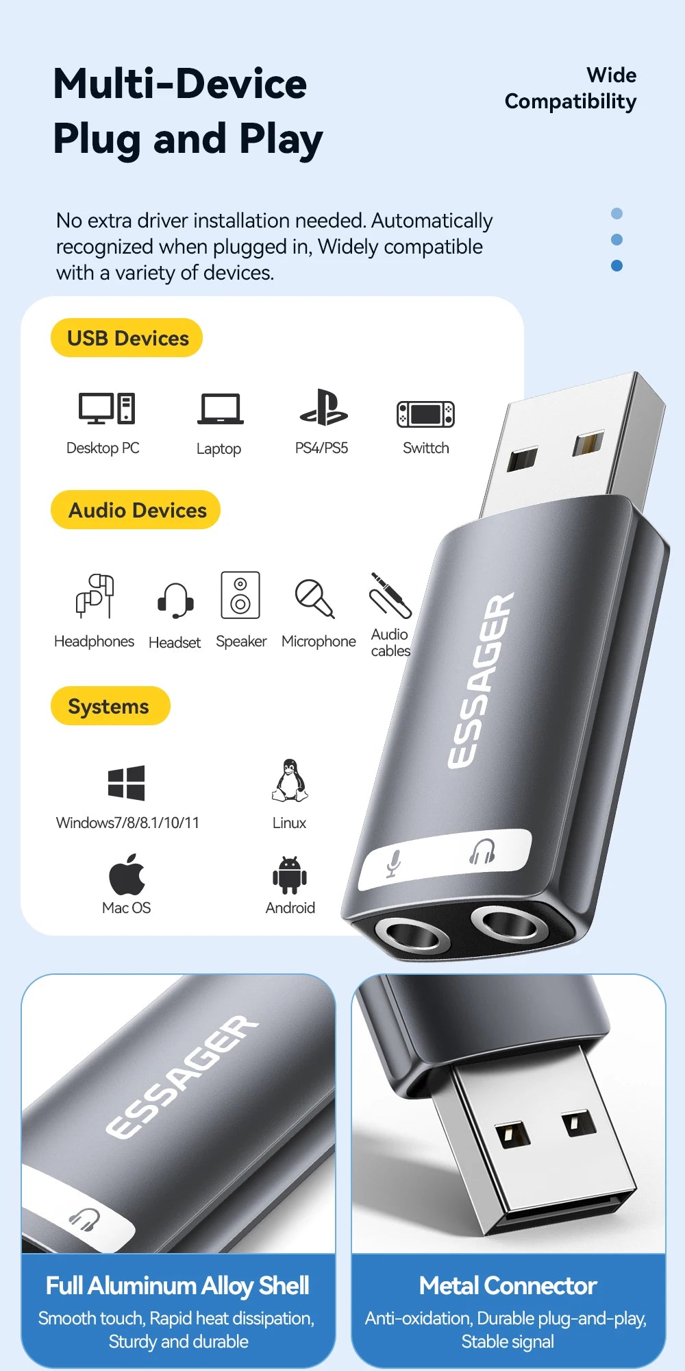 A black ESSAGER USB audio adapter featuring a full aluminum alloy shell and metal connector for plug and play functionality.