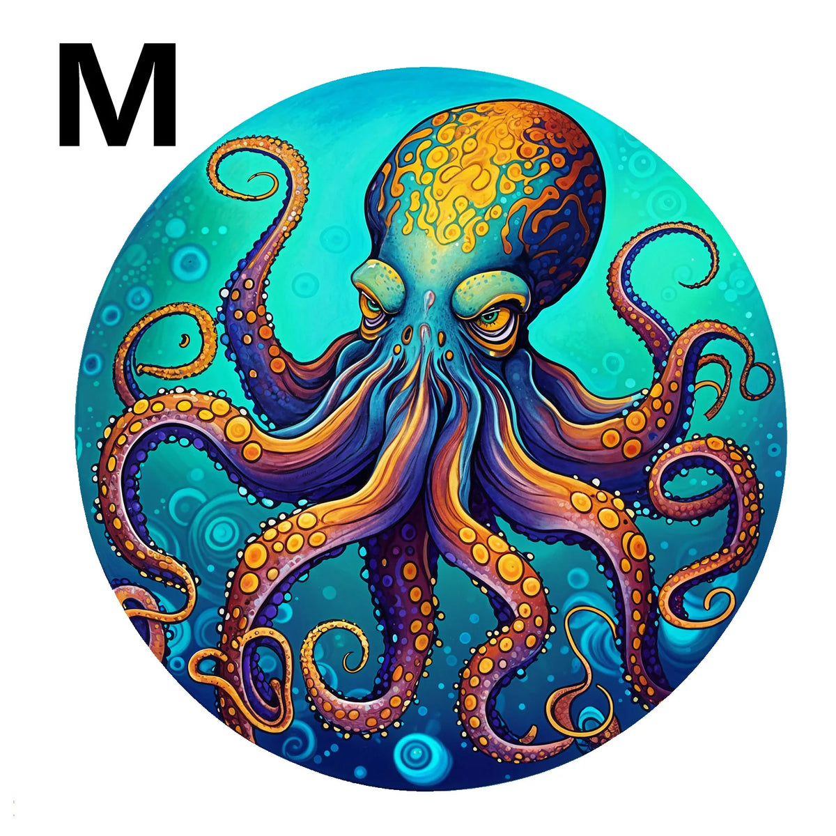 A vibrant, detailed illustration of an octopus or squid with purple and orange tentacles against a teal background.