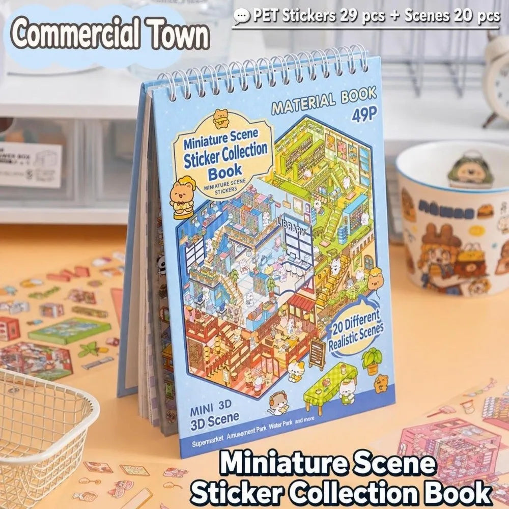 A miniature scene sticker collection book featuring various scenes for creative kids.