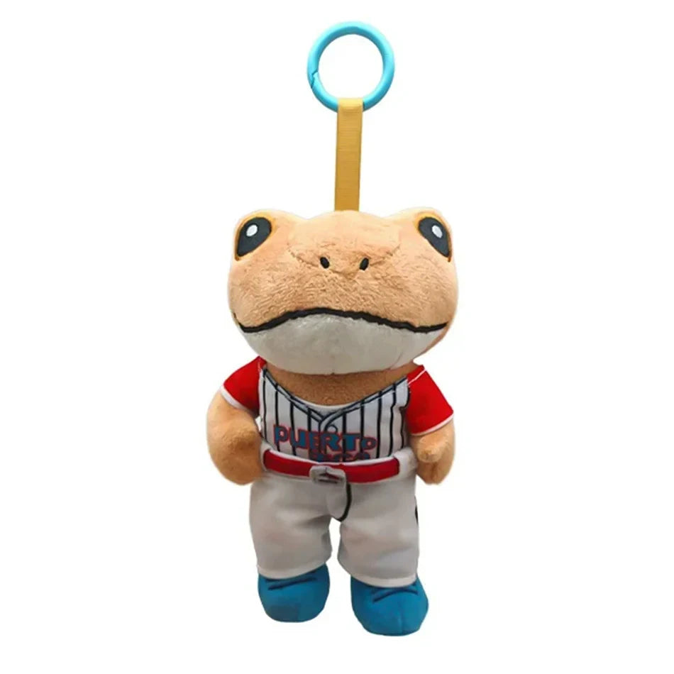 A plush toy of Bad Bunny El Sapo Concho with a yellow hanging loop.