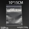 A package containing 50 clear resealable plastic bags, measuring 10x15cm each and weighing 104g.