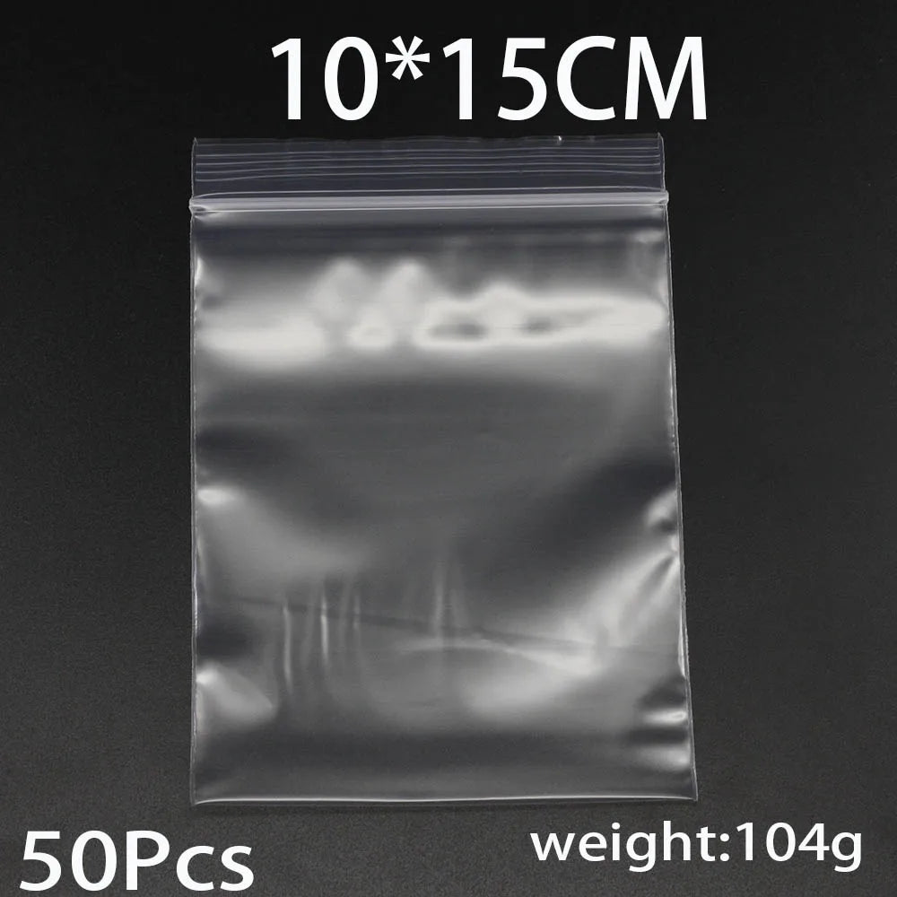A package containing 50 clear resealable plastic bags, measuring 10x15cm each and weighing 104g.