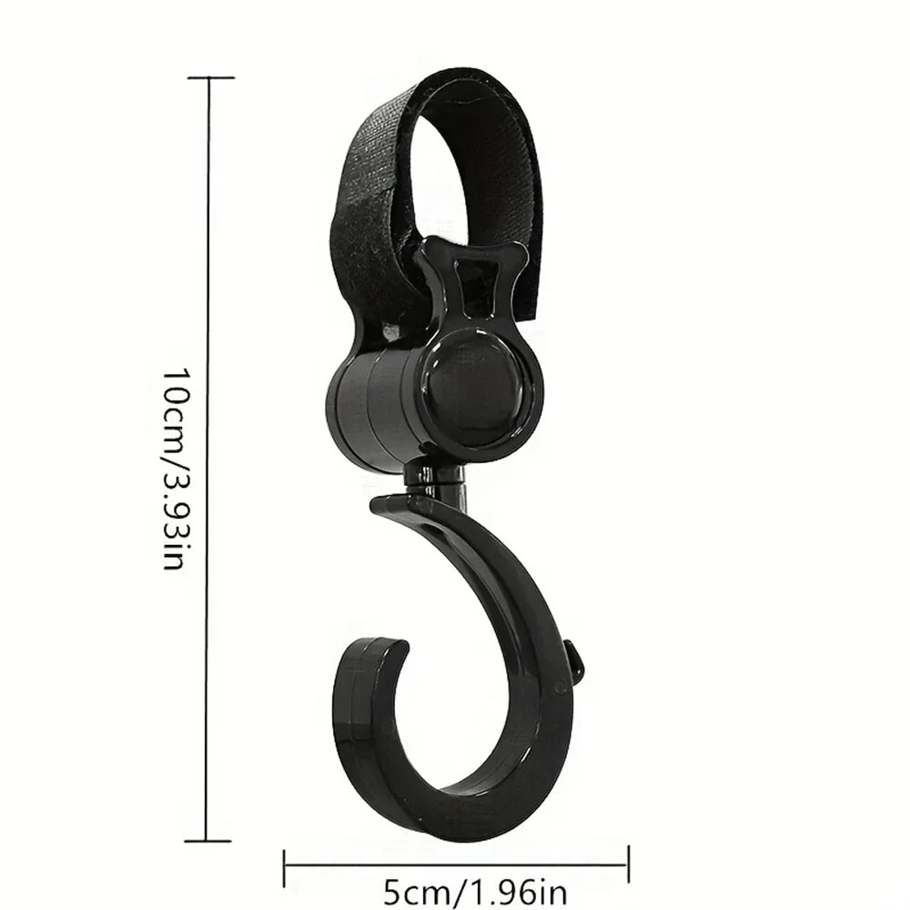 A black 360° rotating stroller hook is shown with dimensions of 10cm/3.93in and 5cm/1.96in.