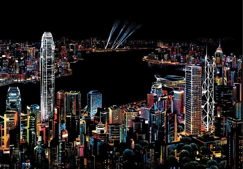 A vibrant night cityscape with illuminated buildings and fireworks against a dark sky.