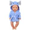 A cute cartoon animal bathrobe and nightgown set for a doll, colored light blue.