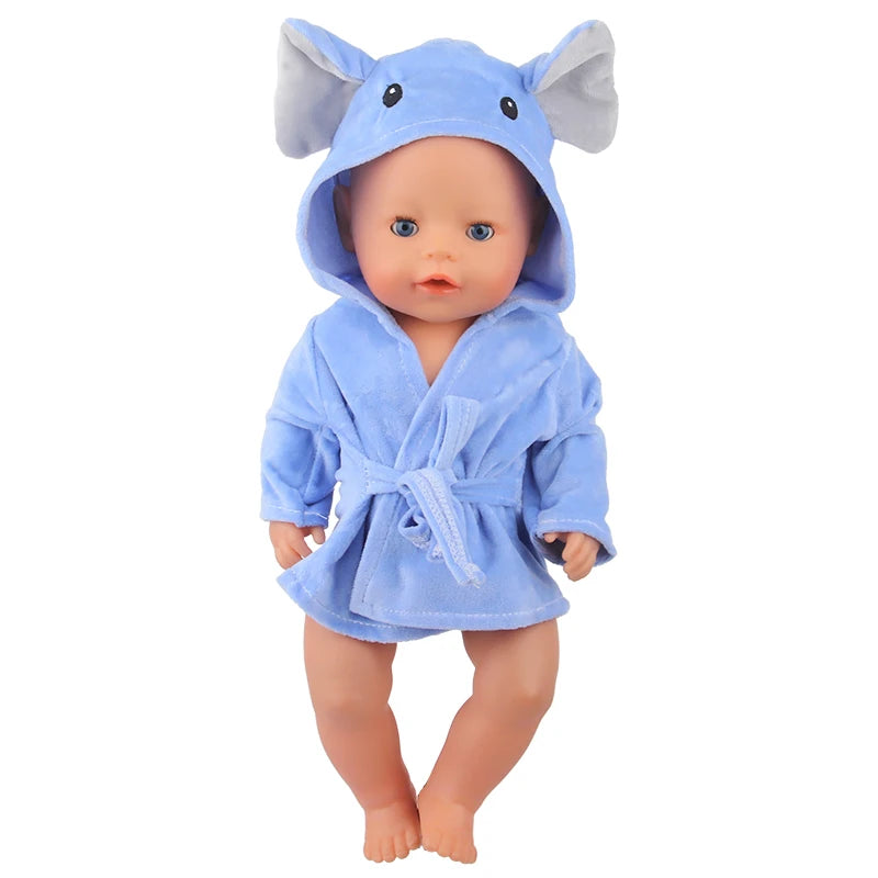 A cute cartoon animal bathrobe and nightgown set for a doll, colored light blue.