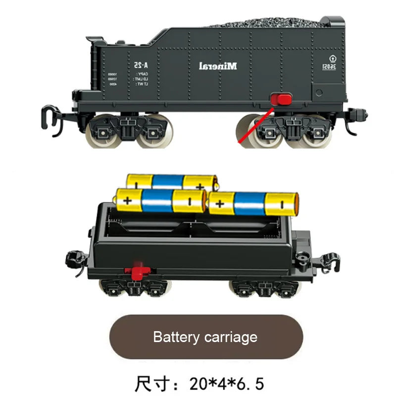 A black vintage steam train set with a battery carriage and track components.