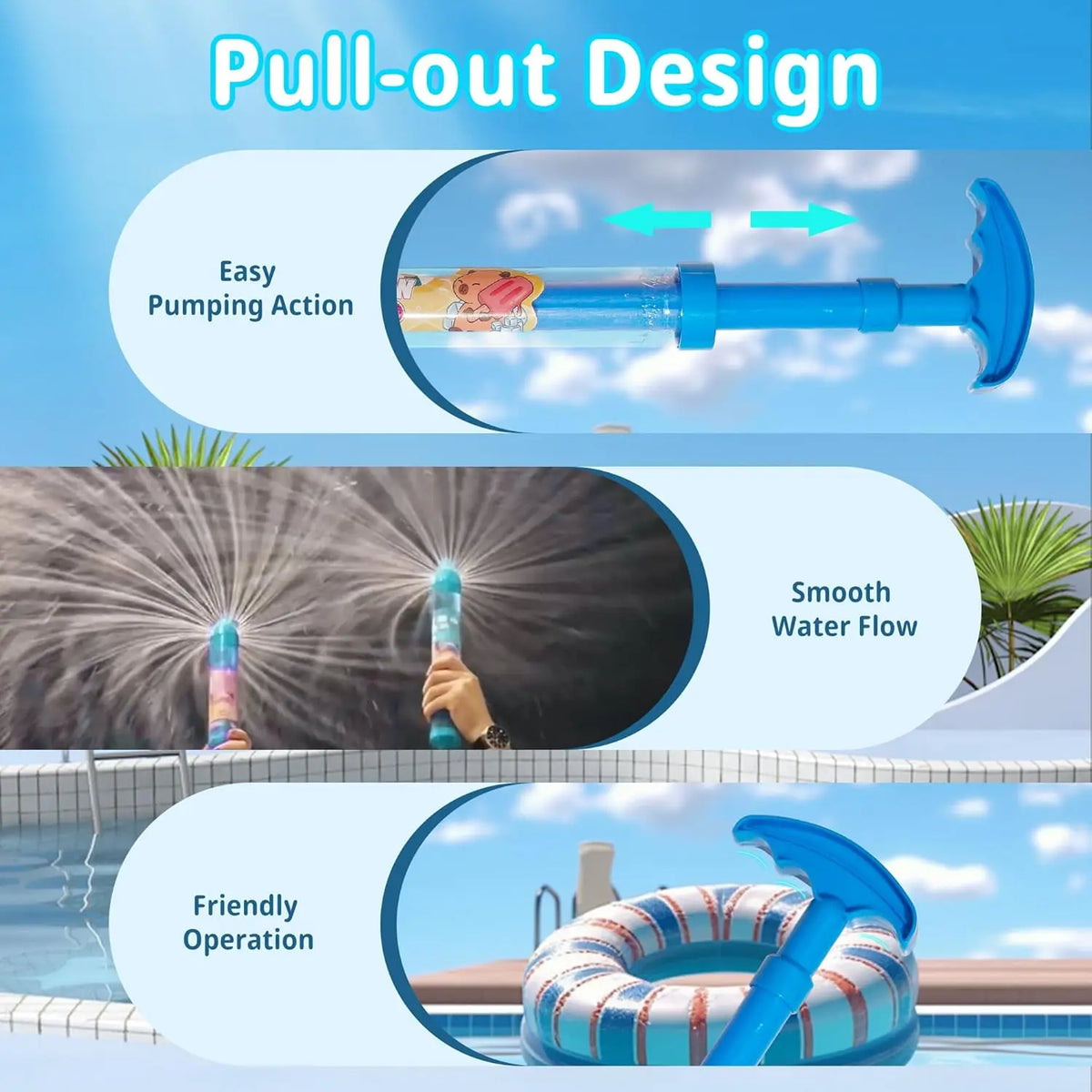 A pull-out design water blaster toy gun with a blue nozzle and a blue flail attachment being used to spray water into a pool.