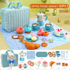 A basket of 30 pretend play picnic and tea party items including food and cups