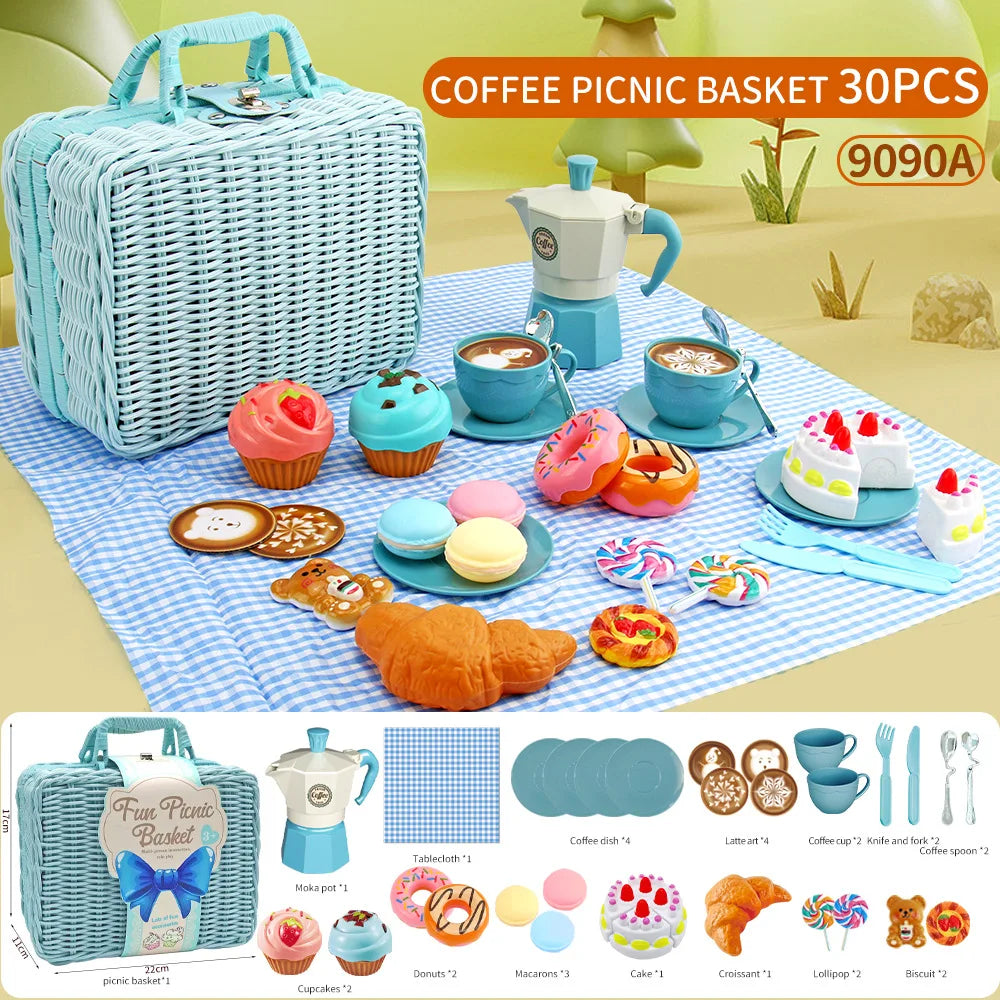 A basket of 30 pretend play picnic and tea party items including food and cups