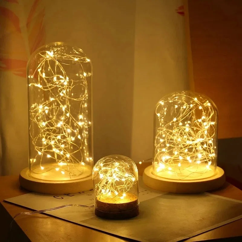 A display of battery-powered fairy lights in glass globes, illuminating warm golden light.