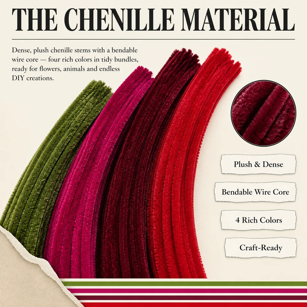 A close-up of various shades of chenille stems in bundles, showing their texture and vibrant colors.