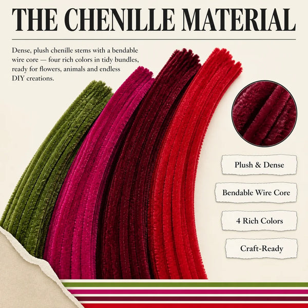 Primer plano de manojos de tallos de chenilla en varios tonos, mostrando su textura y colores vibrantes.