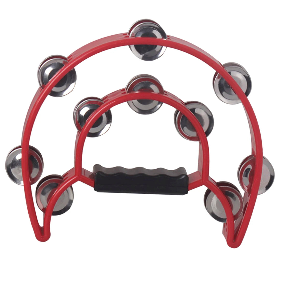 A red double-layer tambourine with metal bells for kids, featuring a black grip.