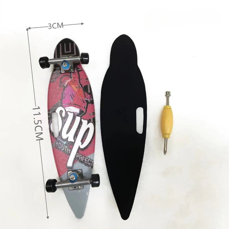 A finger skateboard is shown with dimensions and a separate black deck and hardware.