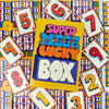 A yellow box for the Super Mega Lucky Box board game surrounded by various numbered cards.