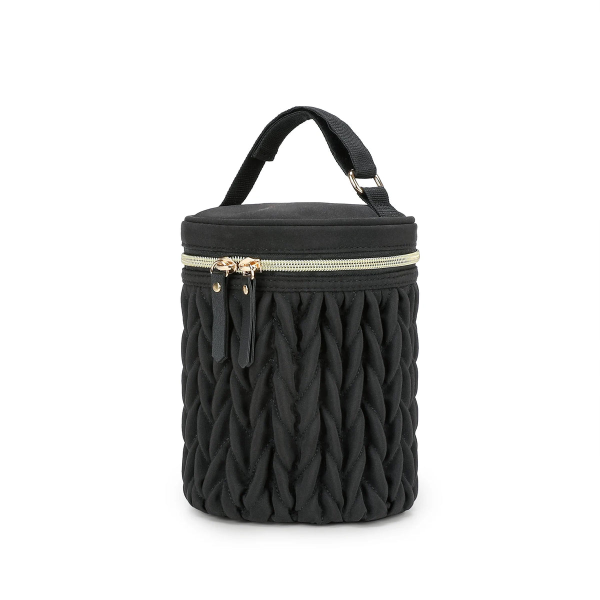 Black knitted organizer bag with a gold zipper and carrying handle