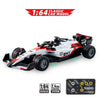 A white and red 1:64 classic car model racing on a surface, with technical specifications visible.