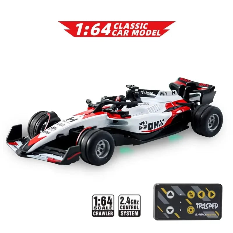 A white and red 1:64 classic car model racing on a surface, with technical specifications visible.
