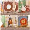 A set of Montessori soft fabric tissue box sensory toys featuring a bear mirror, little duck, dairy cow, and little lion for 
