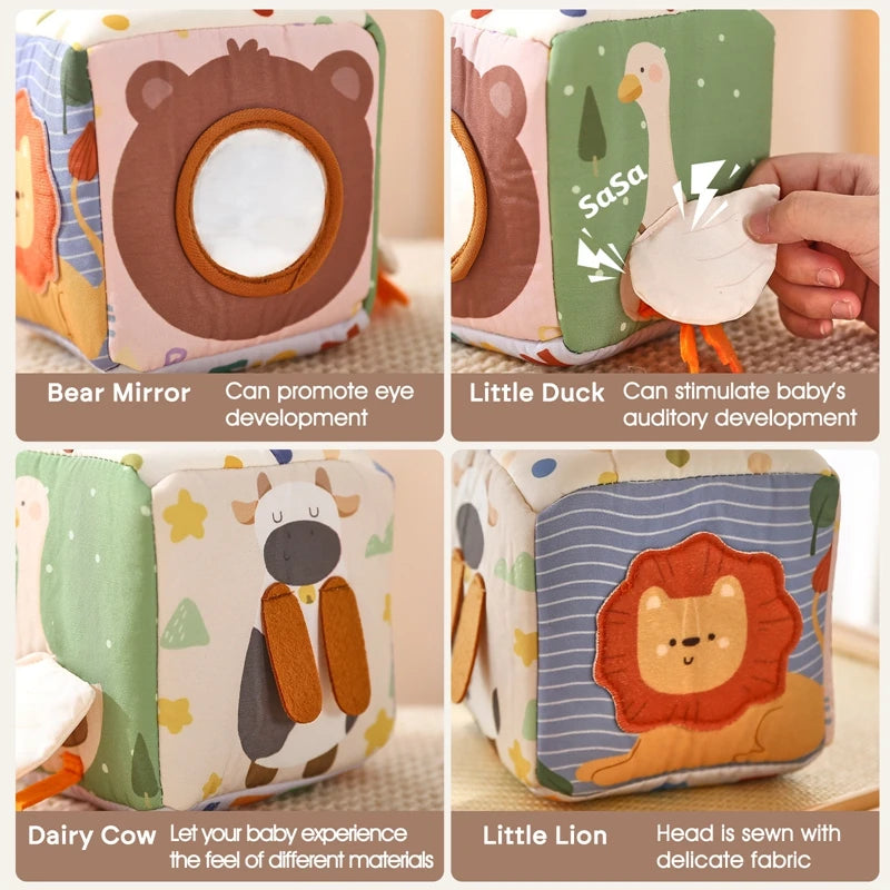 A set of Montessori soft fabric tissue box sensory toys featuring a bear mirror, little duck, dairy cow, and little lion for 