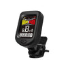 Black rechargeable clip-on tuner with a color display showing tuning information