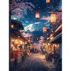 A nighttime street scene in Japan featuring traditional architecture, lanterns, and cherry blossoms over a stone pathway.