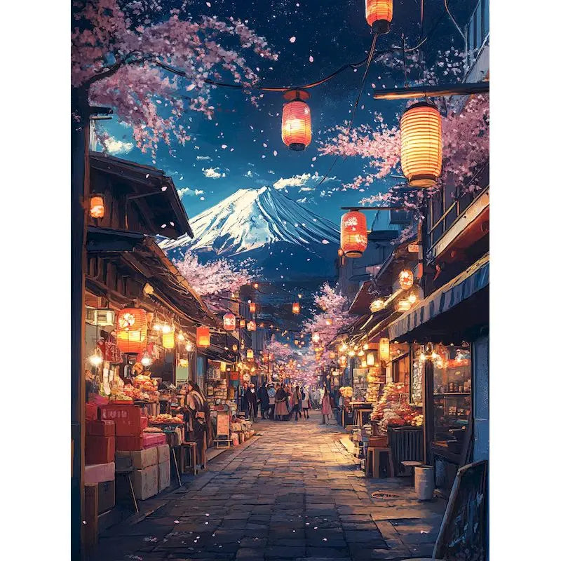 A nighttime street scene in Japan featuring traditional architecture, lanterns, and cherry blossoms over a stone pathway.