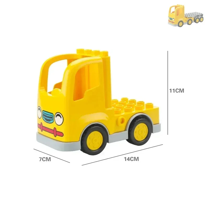 Yellow city traffic vehicle building blocks set featuring trucks and buses