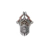 A detailed metal figurine of an adjudicator with intricate design and red accents.