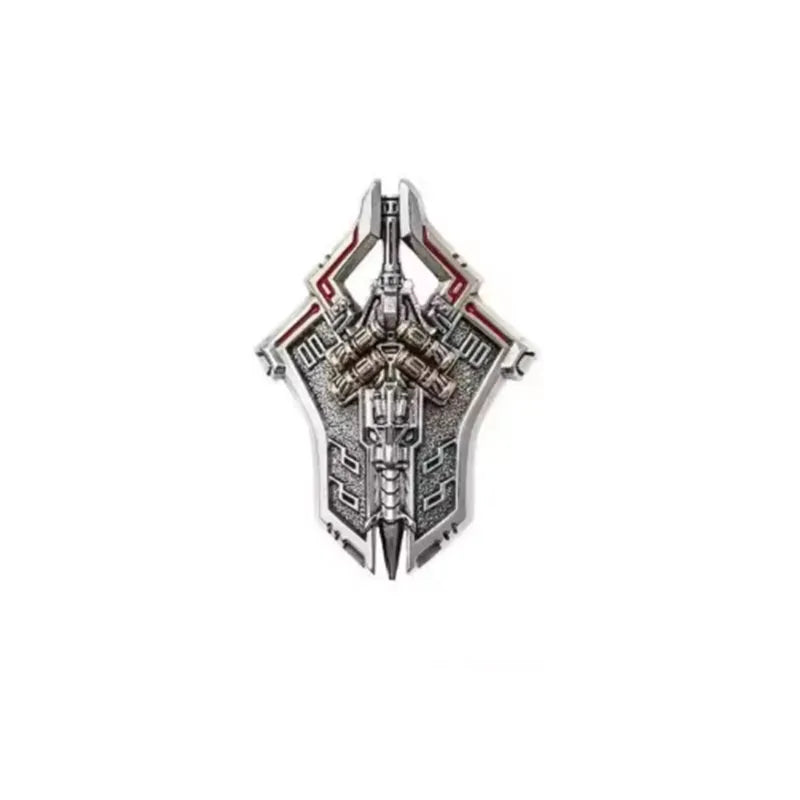 A detailed metal figurine of an adjudicator with intricate design and red accents.