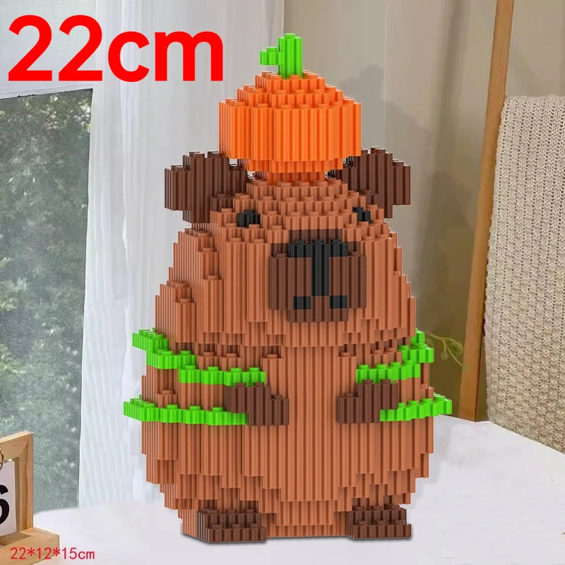 A brown capybara-shaped building block organizer made of wooden blocks, with green accents, standing on a white surface.