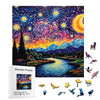 A wooden jigsaw puzzle depicting a vibrant night sky with stars and a landscape under a yellow moon.