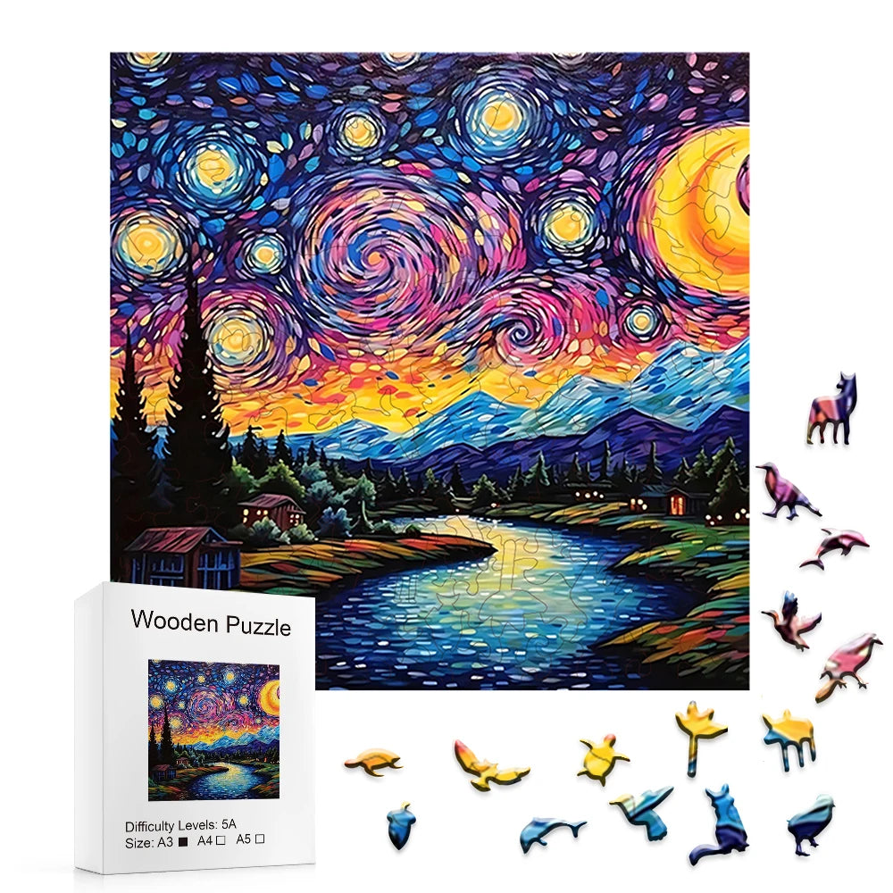 A wooden jigsaw puzzle depicting a vibrant night sky with stars and a landscape under a yellow moon.