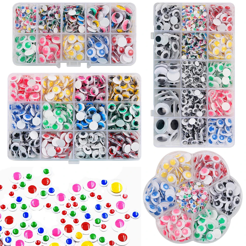 A collection of self-adhesive googly eyes in various colors and shapes for DIY crafts.