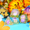 A set of translucent, mushroom-themed polyhedral dice resting on a blue surface with an orange floral background.